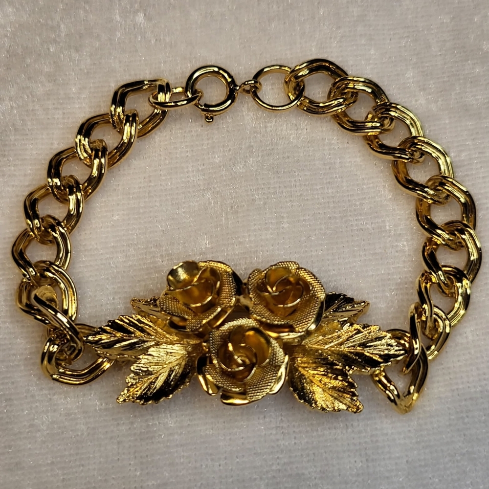Vintage 80's Victorian Revival Gold Tone Rose Bracelet